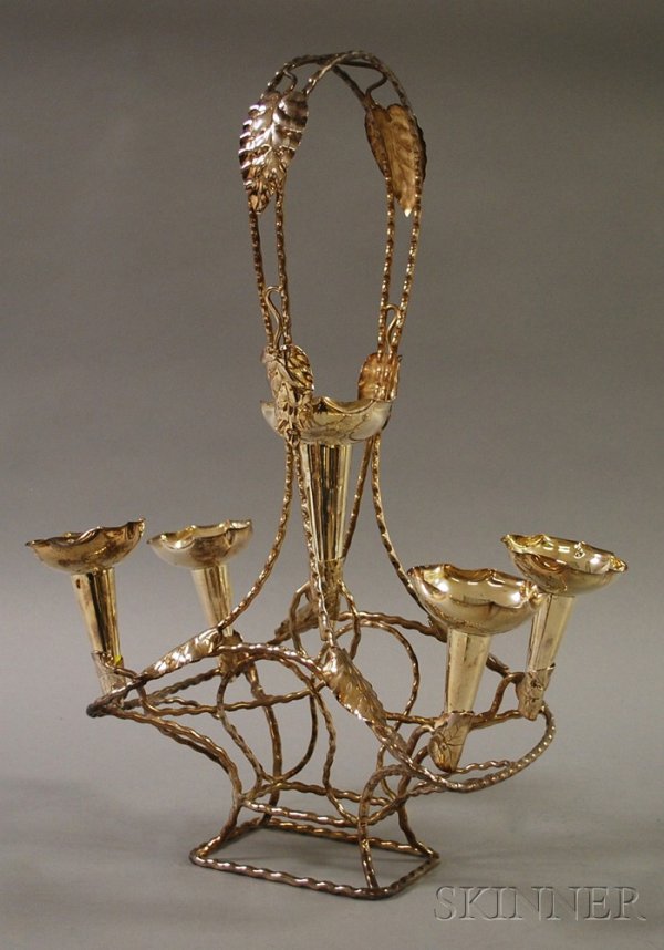Silver Plated Epergne, floral and leaf-shaped arms: Silver Plated Epergne, floral and leaf-shaped arms hold five removable flower vases, on stand, ht. 20 in.