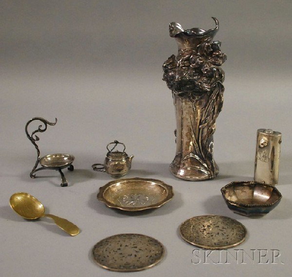 Art Nouveau Silver-clad Ceramic Vase, sold togeth: Art Nouveau Silver-clad Ceramic Vase, sold together with seven small silver tableware and a brass spoon.