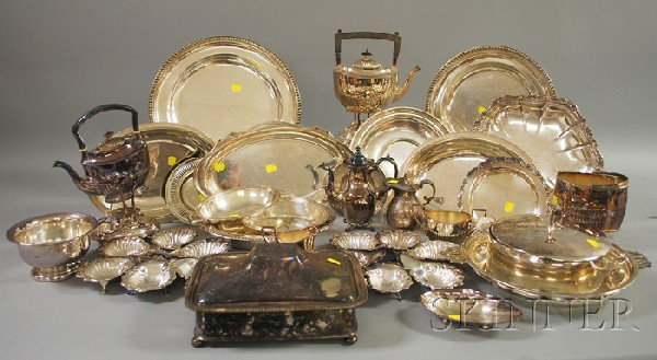 Large Group of Silver-plated Tableware, including : Large Group of Silver-plated Tableware, including trays, warming pots, and covered serving items.