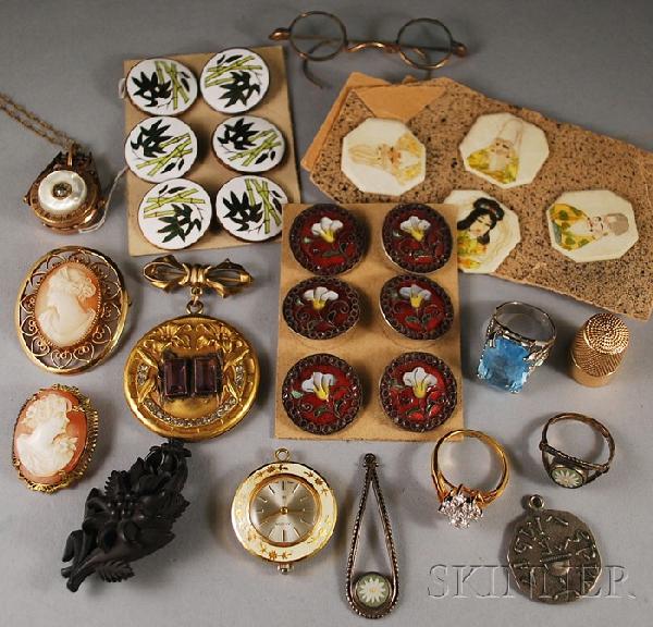 Small Group of Antique Jewelry, including two sets: Small Group of Antique Jewelry, including two sets of enameled buttons, two shell-carved cameo brooches, a thimble, and other items.