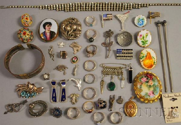 Group of Sterling Silver and Costume Jewelry, incl: Group of Sterling Silver and Costume Jewelry, including several painted porcelain brooches, three Italian micromosaic items, three sterling silver and marcasite brooches, a number of charms, rings, an