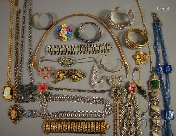 Large Group of Mostly Costume and Sterling Silver: Large Group of Mostly Costume and Sterling Silver Jewelry, including signed pieces by Napier, Coro, Carlisle, and Trifari, cuff links, earrings, beaded necklaces, and other items.