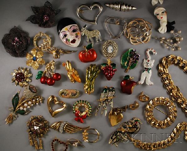 Group of Mostly Costume Brooches, including a Mone: Group of Mostly Costume Brooches, including a Monet suite, several fruit and vegetable brooches, and a number of animals.