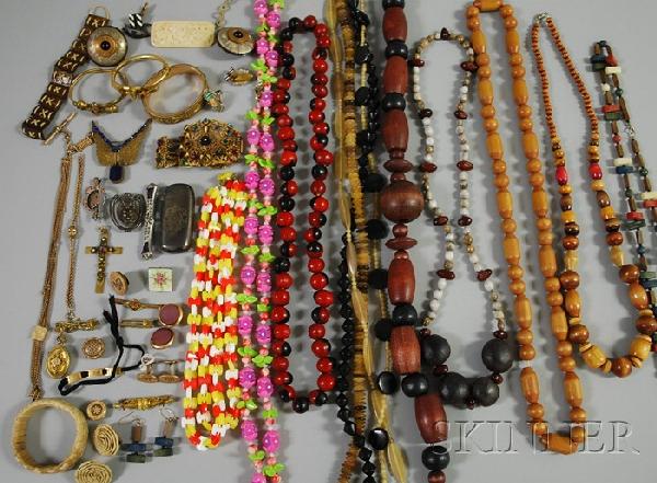 Group of Costume Jewelry, including a number of w: Group of Costume Jewelry, including a number of wood bead necklaces, Victorian bangle bracelets, brooches, pendants, and other items.