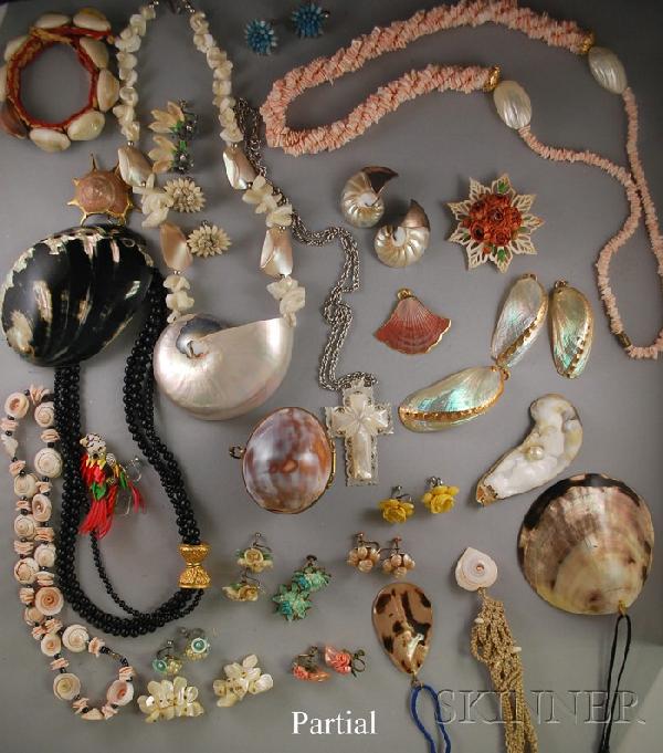 Group of Seashell Jewelry and Decorative Items, in: Group of Seashell Jewelry and Decorative Items, including an Italian religious framed plaque, earrings, necklaces, and other items.