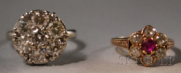 Two 14kt Gold and Diamond Rings, a 14kt white gold: Two 14kt Gold and Diamond Rings, a 14kt white gold and diamond cluster ring, and an antique 14kt gold, diamond, and ruby flowerhead ring, sizes 5 1/4 and 3 1/2, respectively.
