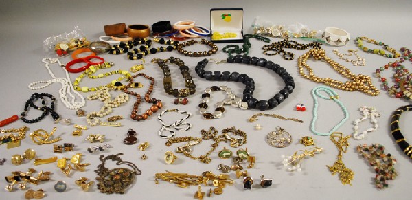 Large Group of Costume Jewelry, including Bakelit: Large Group of Costume Jewelry, including Bakelite and plastic bracelets, beaded necklaces, hardstone jewelry, cuff links, and other items.