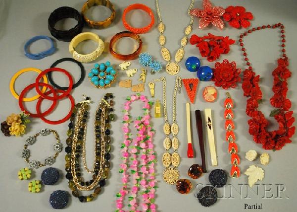 Group of Bakelite, Celluloid, and Paste Costume Je: Group of Bakelite, Celluloid, and Paste Costume Jewelry, including bangle bracelets, necklaces, brooches, and other items.