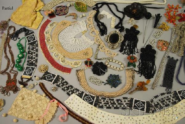 Group of Clothing Embellishments and Costume Jewel: Group of Clothing Embellishments and Costume Jewelry, including hat pins and beadwork.