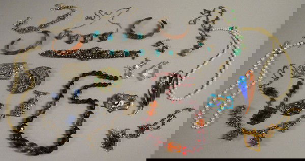 Small Group of Mostly Silver Jewelry, including a: Small Group of Mostly Silver Jewelry, including a Mexican sterling silver, hardstone, and abalone brooch, a marcasite necklace and brooch, two scarab pieces, a copper and enamel Matisse brooch, two co