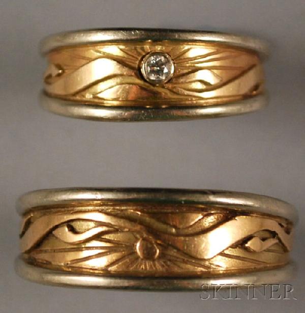 Gentleman's and Lady's David Virtue 14kt Bicolor G: Gentleman's and Lady's David Virtue 14kt Bicolor Gold Bands, the lady's with a small diamond, total 9.1 dwt, sizes 13 1/2 and 8 1/2.