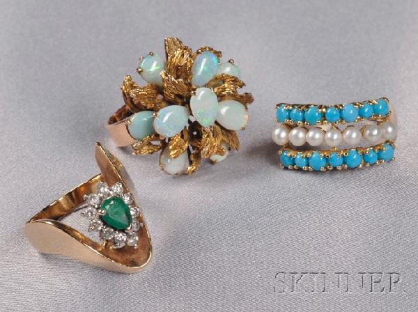 Three 14kt Gold and Gemstone Rings, an opal cluste: Three 14kt Gold and Gemstone Rings, an opal cluster ring, a green beryl and diamond ring, and a turquoise and seed pearl ring, sizes 6 to 7 1/2.