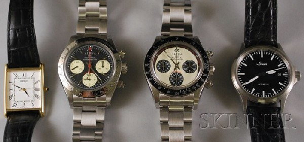 Four Wristwatches, two stainless steel Alpha 1993 : Four Wristwatches, two stainless steel Alpha 1993 Mechanical Chronometers, a Sinn Automatik, and a Seiko.