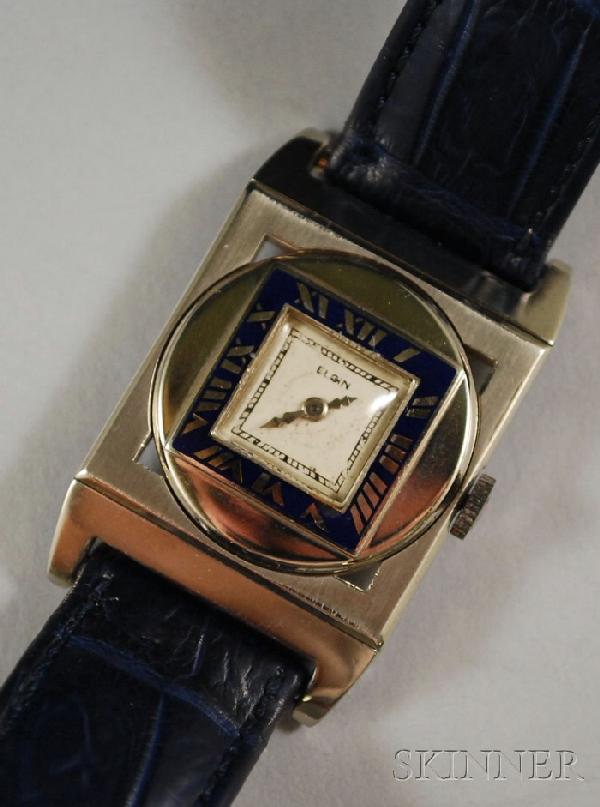 14kt White Gold and Enamel Elgin Art Deco Wristwat: 14kt White Gold and Enamel Elgin Art Deco Wristwatch, square bezel, on alligator band, 15-jewel movement, no. 31465486, back case no. 6696, (band loose, enamel nicked).