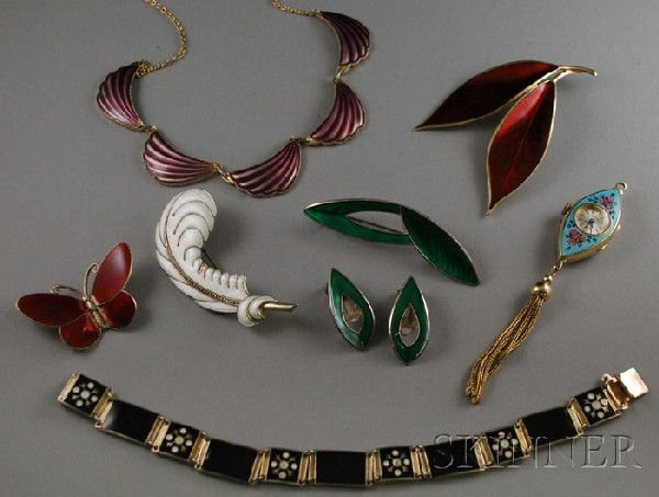Group of Mostly Norwegian Guilloche Enamel and Ste: Group of Mostly Norwegian Guilloche Enamel and Sterling Silver Jewelry, including a Willy Winnaess for David-Andersen red leaf brooch, a purple Elvik & Co. necklace, an Aksel Holmsen feather brooch, a