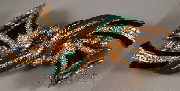 Vintage Coro Duette "Trembler" Rhinestone and Enam: Vintage Coro Duette "Trembler" Rhinestone and Enamel Flower Pin, lg. 3 1/4 in.