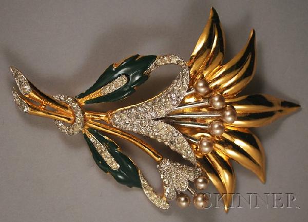 Vintage Coro Rhinestone, Enamel, and Pearl Flower: Vintage Coro Rhinestone, Enamel, and Pearl Flower Brooch, lg. 4 in., (one pearl loose but present).