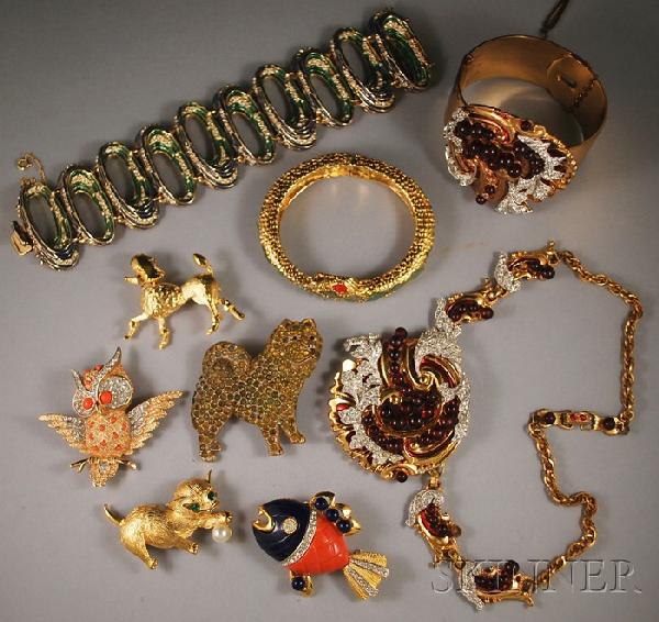 Small Group of Vintage Costume Jewelry, including: Small Group of Vintage Costume Jewelry, including a rhinestone and glass bracelet and necklace (missing stones), a Trifari coral and rhinestone owl brooch, a Hattie Carnegie fish brooch, a Pell kitten