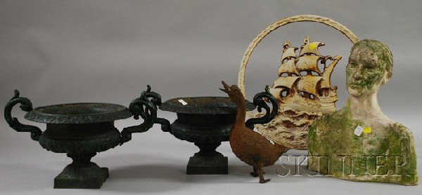 Five Assorted Decorative Items, a small pair of pa: Five Assorted Decorative Items, a small pair of painted cast iron garden urns, a cast iron duck figure, a painted cast iron sailing ship doorstop, and a plaster bust of a young man.