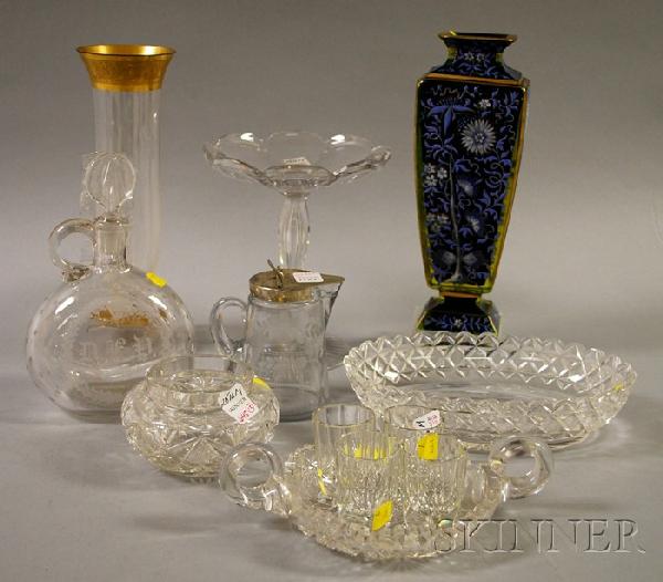 Twelve Pieces of Assorted Glass Tableware, a Frenc: Twelve Pieces of Assorted Glass Tableware, a French enamel-decorated Vaseline glass vase, a gilt colorless vase, a cut glass compote, dish, bowl, jar, syrup, an etched blown whiskey decanter, and a se
