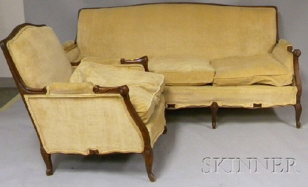 Louis XV-style Upholstered Carved Beechwood Sofa a: Louis XV-style Upholstered Carved Beechwood Sofa and Bergere, sofa lg. 71 1/2 in.