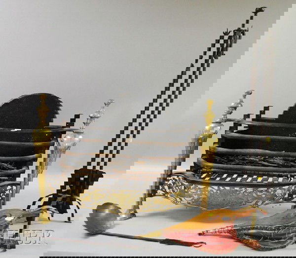 Brass and Iron Coal Basket, Wrought Iron Fireplace: Brass and Iron Coal Basket, Wrought Iron Fireplace Stand with Shovel, Tongs, Poker, and Ladle, and Wooden Bellows.