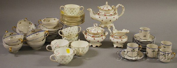 Three Porcelain Partial Tableware Sets, a three-pi: Three Porcelain Partial Tableware Sets, a three-piece Cauldon tea set, a thirty-four-piece Ahrenfeldt tea and coffee set, and a sixteen-piece Allertons luncheon set.