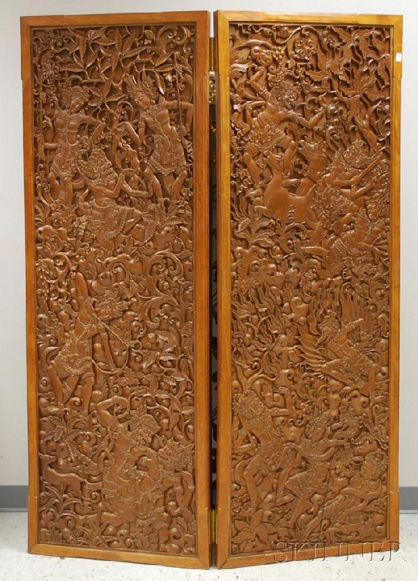 Balinese Carved Camphorwood Figural-decorated Two-: Balinese Carved Camphorwood Figural-decorated Two-panel Floor Screen, ht. 69 3/4, panel wd. 24 3/4 in. Provenance: Sold by the Peabody Essex Museum, Salem, Massachusetts, for the benefit of acquisitio