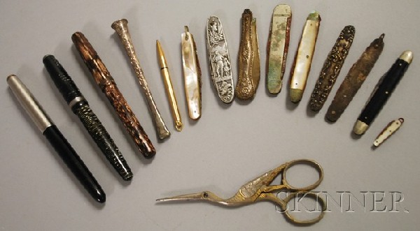 Three Vintage Fountain Pens, Nine Penknives, a Mec: Three Vintage Fountain Pens, Nine Penknives, a Mechanical Pencil, a Sterling Silver Cigarette Holder, and German Stork Shears.