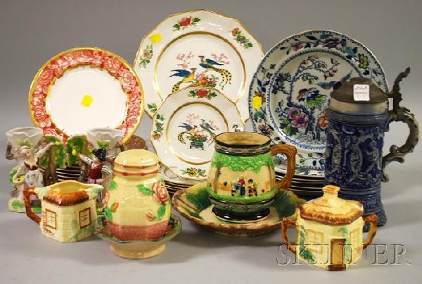 Group of European and Japanese Pottery Items and T: Group of European and Japanese Pottery Items and Three Sets of English Tableware, pottery including three English, five Japanese, a German cobalt highlighted molded stoneware stein, a small partial se