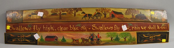 Two Sally Nolan Painted Coaches in Landscape-decor: Two Sally Nolan Painted Coaches in Landscape-decorated Wooden Staves and a Folk Painted Motto-decorated Wooden Stave, signed, lg. 34 in.