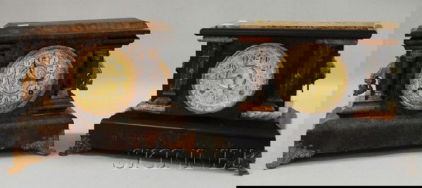 Two Connecticut Mantel Clocks, Seth Thomas and E.: Two Connecticut Mantel Clocks, Seth Thomas and E. N. Welch, the Seth Thomas with ebonized and adamantine case and Arabic numeral dial, the Welch with faux-wood grain painted case, Arabic numeral dial,