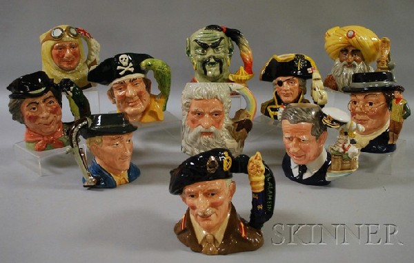 Eleven Large Royal Doulton Ceramic Character Jugs,: Eleven Large Royal Doulton Ceramic Character Jugs, Noah D 7165, The Antique Dealer D 6807, Capt. Scott D 7116, The Snake Charmer D 6912, The Genie D 6892, Fieldmarshal Montgomery D 6908, Prince Charle