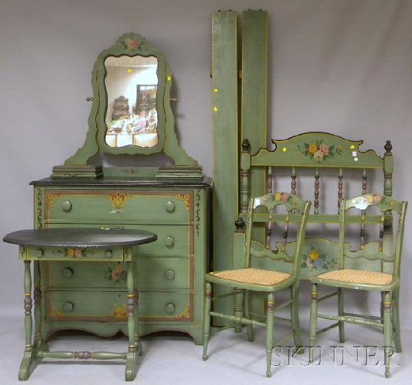 Assembled Painted Pine Cottage Bedroom Set, includ: Assembled Painted Pine Cottage Bedroom Set, including twin bed, bureau, occasional table, and a pair of side chairs.