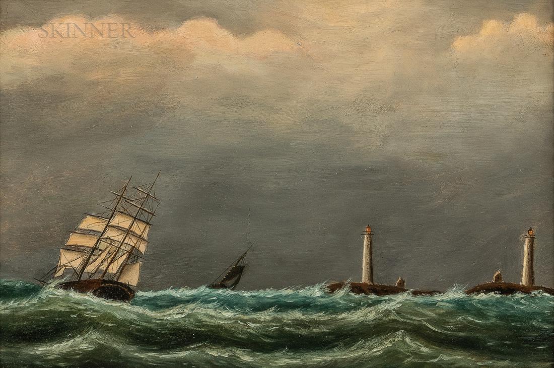 Attributed to Clement Drew (Massachusetts, 1806-1889),: Attributed to Clement Drew (Massachusetts, 1806-1889) Ship Rounding Thacher Island Unsigned. Oil on board, 8 1/4 x 12 1/4 in., in a giltwood and floral lattice gesso-decorated frame. Condition: Minor