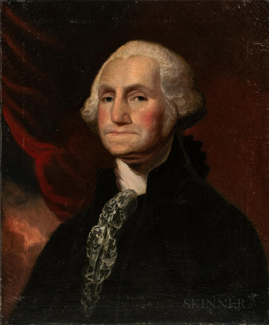 American School, 19th Century, After Gilbert Stuart: American School, 19th Century, After Gilbert Stuart (Massachusetts/Rhode Island, 1755-1828) Portrait of President George Washington Unsigned. Oil on canvas, 28 x 23 1/4 in., unframed. Condition: spots