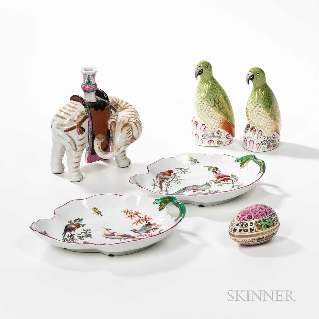 Group of Herend and Mottahedeh Porcelain, 20th century,: Group of Herend and Mottahedeh Porcelain, 20th century, including a pair of Herend parrot figures, and pierced Herend egg box, a Mottahedeh elephant candleholder, and a pair of Mottahedeh leaf-form pl