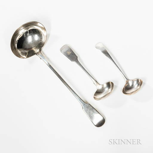Three English Silver Ladles, a soup ladle with marks (0021) on Dec 03
