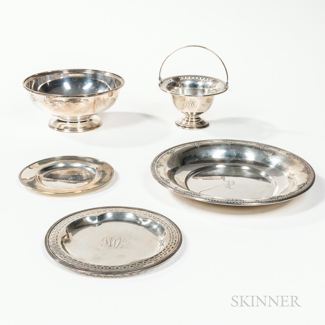 Five American Sterling Silver Table Items, early 20th: Five American Sterling Silver Table Items, early 20th century, a Watson Company footed bowl, monogrammed on side, dia. 8 5/8; a Wallace Silversmiths round dish with gadrooned and chased rim, monogramm