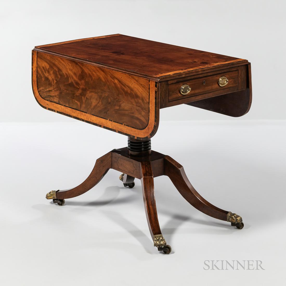 Regency Inlaid Mahogany Pembroke Table, England, 19th: Regency Inlaid Mahogany Pembroke Table, England, 19th century, with banded border and two drop leaves, a single drawer to one end, false drawer to the other, set atop four scrolled legs with brass paw