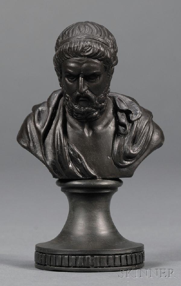 Miniature Wedgwood and Bentley Black Basalt Bust of: Miniature Wedgwood and Bentley Black Basalt Bust of Pindar, England, 18th century, mounted atop a waisted circular socle, impressed title and mark, ht. 4 in.
