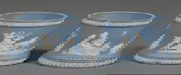 Pair of Wedgwood Solid Blue Jasper Master Salt Cel: Pair of Wedgwood Solid Blue Jasper Master Salt Cellars, England, late 18th century, circular forms with lapidary polished bowls, applied white classical figures in relief within scroll banded borders,