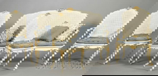 Louis XV-style Painted and Parcel-gilt Seating Sui: Louis XV-style Painted and Parcel-gilt Seating Suite, comprising an open armchair, canape, and two side chairs, each with gilded rocaille decoration, caned backrest, and cabriole legs.