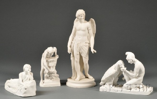 Four Parian Figures, a figure of a standing classi: Four Parian Figures, a figure of a standing classical male angel, unmarked, ht. 15 1/4; a figure of classical boy leaning over a mask-form architectural element, mold impressed signature Ch. Robert Ch