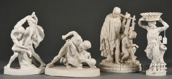 Four Parian Porcelain Figures of Classical Subject: Four Parian Porcelain Figures of Classical Subjects, early 20th century, a Sevres figure of a satyr carrying a basket atop his head, ht. 12 3/4, and three figures after the antique: a man and boy with