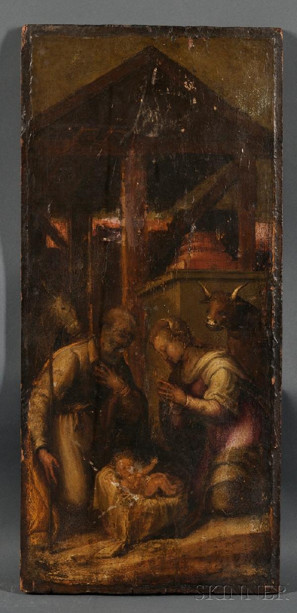 Continental School, 17th Century Style The Nativit: Continental School, 17th Century Style The Nativity Unsigned. Oil on panel, 23 1/4 x 10 3/8 in., unframed. Condition: Paint losses, yellowed varnish, bowing, wear and insect damage to the panel. <