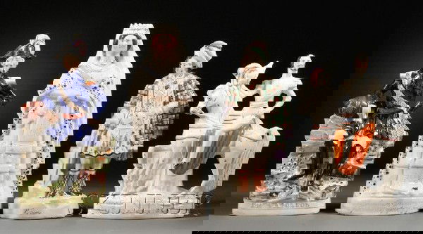 Four Staffordshire Earthenware Flat-back Figures,: Four Staffordshire Earthenware Flat-back Figures, mid to late 19th century, a figure of a gentleman on horseback, titled to base Duke of Cambridge, ht. 14; figure of a standing Scottish gentleman, the