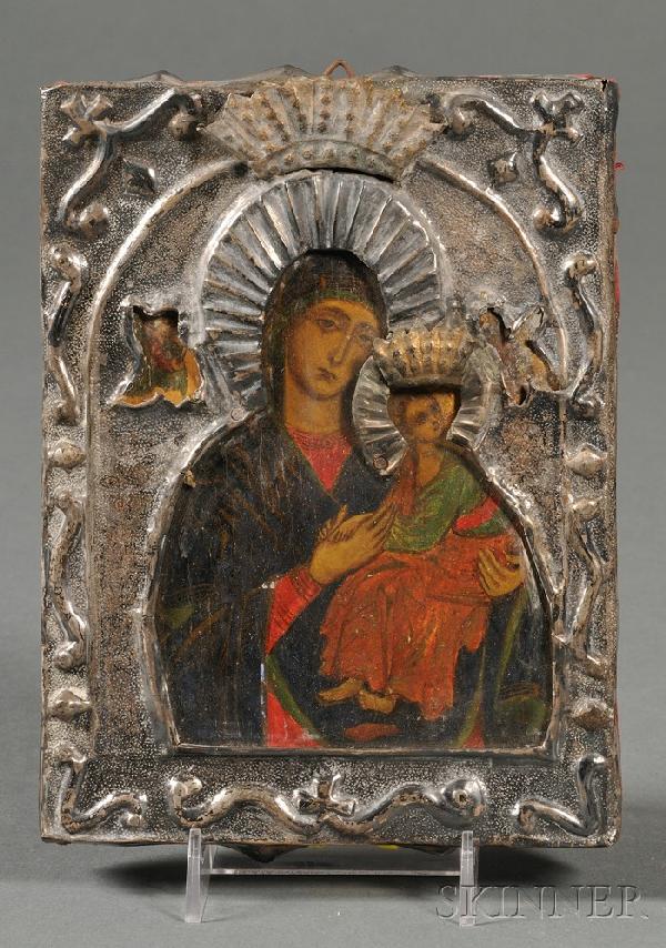 Icon of the Passion Mother of God, Greek or Middle: Icon of the Passion Mother of God, Greek or Middle Eastern, 19th century, in silver riza, velvet backing, 7 x 5 1/2 in.