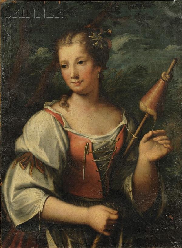 Continental School, 18th/19th Century Peasant Girl: Continental School, 18th/19th Century Peasant Girl Holding a Distaff Unsigned, inscribed "Miss Barnum" in pencil on the stretcher. Oil on canvas, 31 1/4 x 23 in., framed.