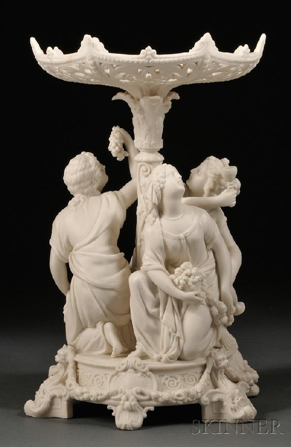 Copeland Parian Figural Compote, mid to late 19th : Copeland Parian Figural Compote, mid to late 19th century, with molded and reticulated bowl raised atop of plinth surrounded by three Neoclassical female figures, on round base molded with foliate swa